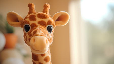 Cute giraffe toy on blurred background, closeup. Space for textの素材