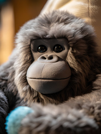 Gorilla in a fur coat on the background of a wooden houseの素材