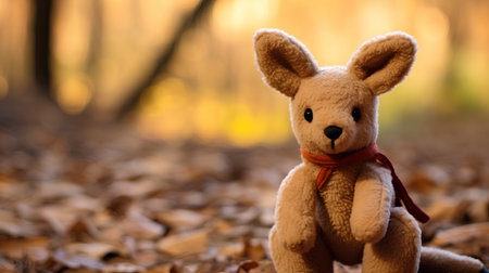 Cute teddy bear in the autumn forest, soft focus backgroundの素材