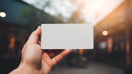 Blank business card mockup in female hand on bokeh background.の素材