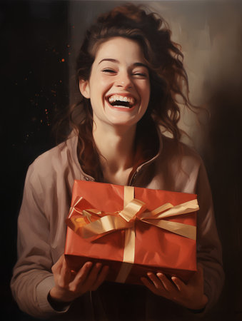 Happy young woman with gift box on dark background. Christmas and New Year concept.の素材
