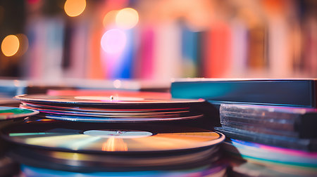 Colorful vinyl records on the table in a music studio, tonedの素材