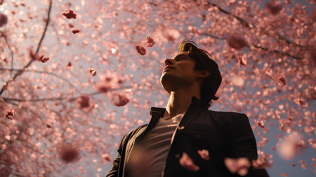 Handsome young man in a black jacket on a background of cherry blossomsの素材