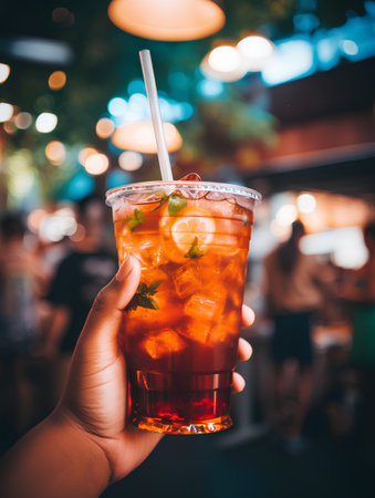 Woman hand holding glass of iced tea with ice and mint.の素材