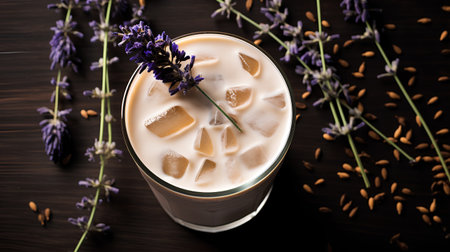A glass of iced coffee with lavender flowers on wooden backgroundの素材