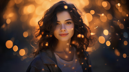 Portrait of a beautiful young brunette girl with long curly hair.の素材