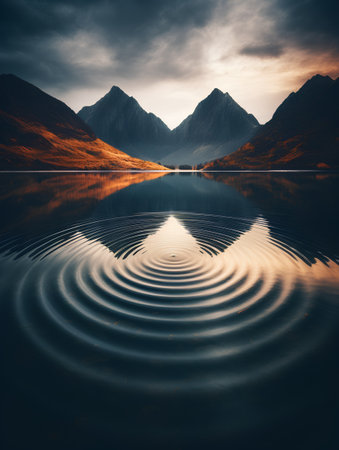 Beautiful landscape image of Lake District with reflection in water at sunsetの素材