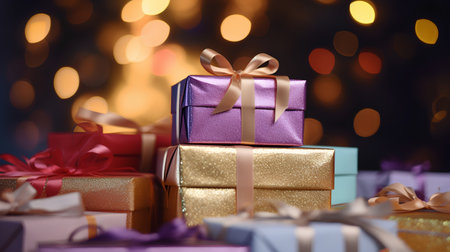 Gift boxes with ribbons on bokeh background. 3d renderingの素材