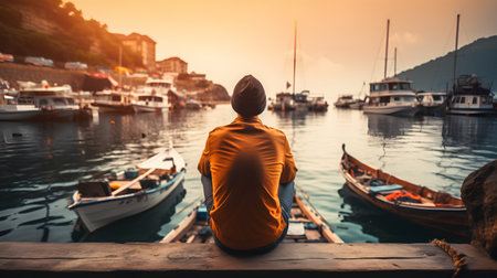 Man sitting on the pier and looking at the sea and boats.の素材