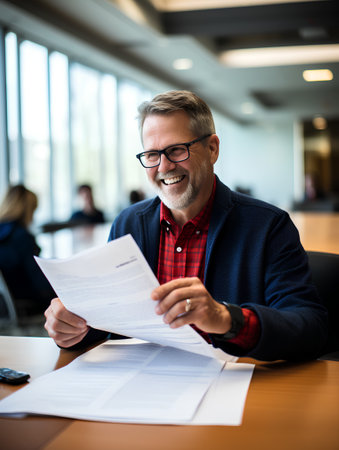 Portrait of senior businessman reading document while sitting at desk in officeの素材