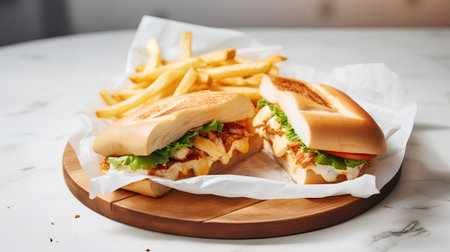 Sandwich with chicken, cheese, lettuce, tomato and french friesの素材