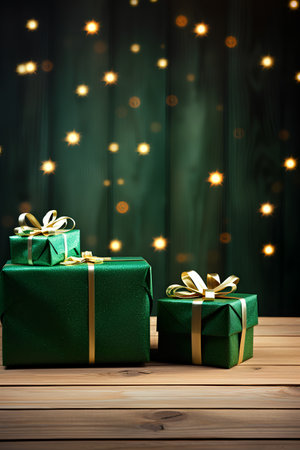 Green gift boxes on wooden table over bokeh lights background.の素材