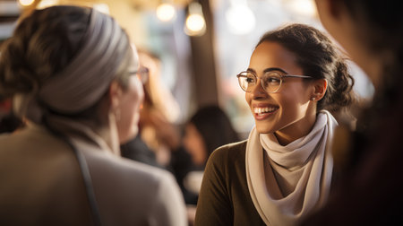 Beautiful african american woman wearing glasses and scarf in cafeの素材