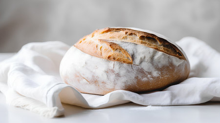 Freshly baked loaf of bread on a white napkin on a light backgroundの素材