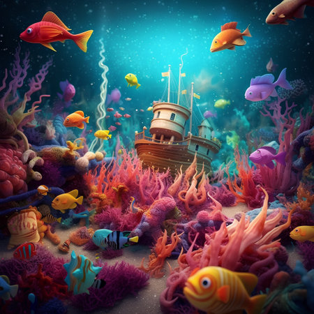 Underwater world with fish and ship. 3d render illustration.の素材