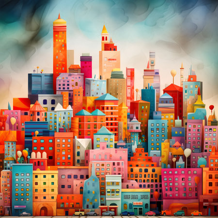 Cityscape with colorful buildings on the sky background. Vector illustration.の素材