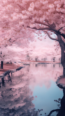 Cherry blossom tree and pond in spring season, vintage styleの素材