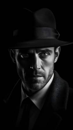 Portrait of a man in a hat and coat over black backgroundの素材