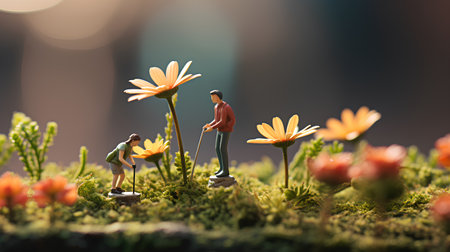 Miniature people : Couple standing on green moss with beautiful flowerの素材