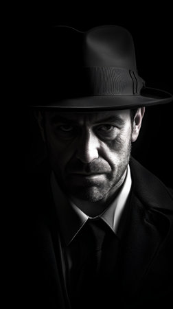 Portrait of a gangster in a hat on a black backgroundの素材