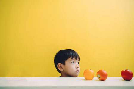 Cute asian little boy looking at apple on yellow background.の素材