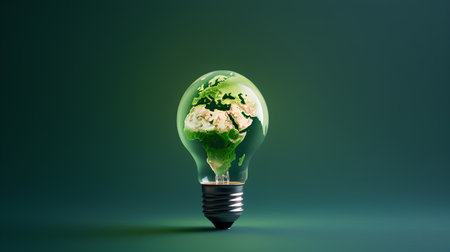Glowing light bulb with planet earth inside on green background. Eco energy conceptの素材