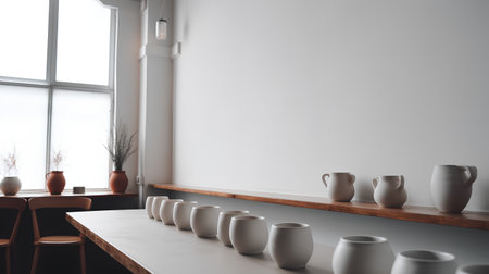 Interior of a cafe with white walls, concrete floor, row of white ceramic coffee cups standing in a row. 3d rendering mock upの素材