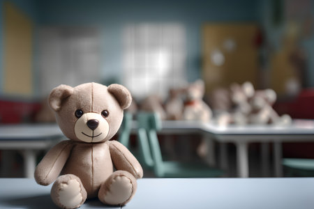 Teddy bear on the table in the classroom. 3d renderingの素材