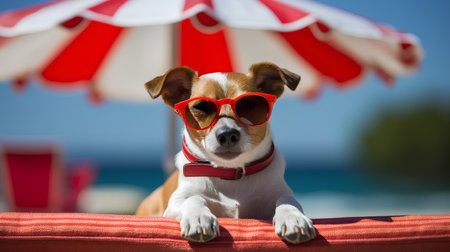 jack russell terrier dog wearing red sunglasses and a red bow tie sitting on a beach chairの素材