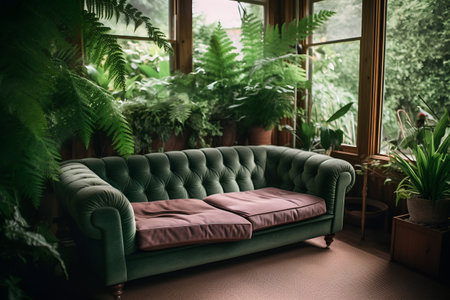 Sofa in a cozy room with green plants on the windowsillの素材