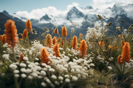 Alpine meadow with flowers and snow-capped mountains in backgroundの素材