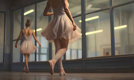 Ballerina in white tutu and pointe shoes dancing in ballet hallの素材