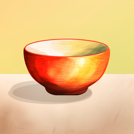 Illustration of a bowl with green and red paint on a yellow backgroundの素材
