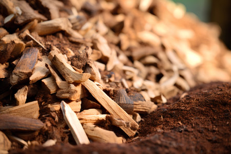 Close up shot of pile of brown wood chips. Selective focus.の素材
