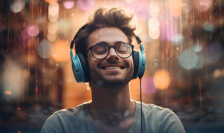 Portrait of a handsome young man listening to music with headphones.の素材