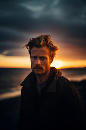 Portrait of a handsome young man on the beach at sunset.の素材