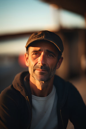 Portrait of an elderly man in a cap on the street.の素材