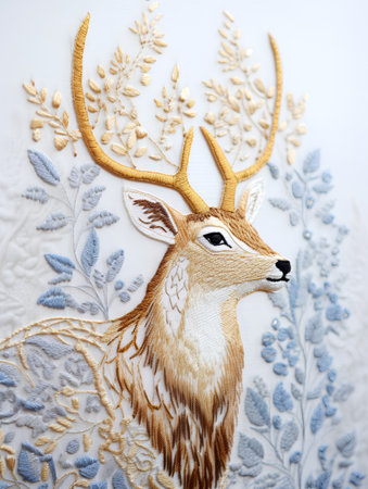 Decorative deer on a white background. Decorative deer made of embroidery.の素材