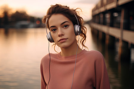 Beautiful young woman listening to music with headphones on the riverside.の素材