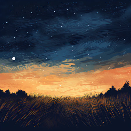 Night landscape with starry sky, grass and moonlight. Vector illustrationの素材