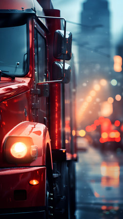 Truck on the road at night with traffic lights in the backgroundの素材