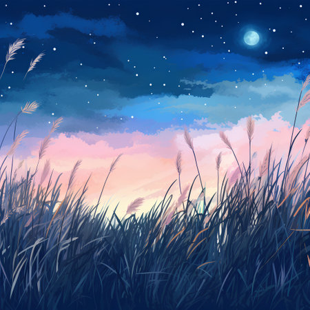Night landscape with grasses and starry sky. Vector illustration.の素材
