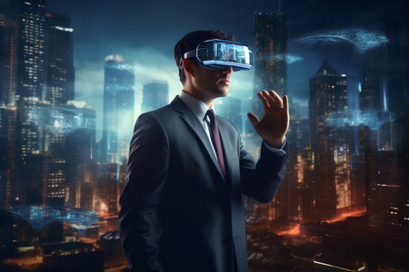 Image of young businessman wearing virtual reality glasses against night cityscape backgroundの素材