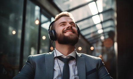 Smiling young businessman listening to music on headphones in the city.の素材