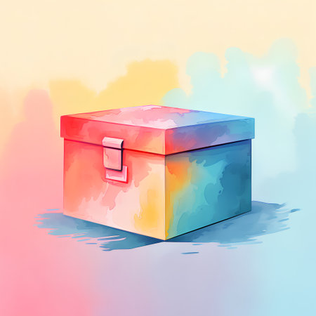 Illustration of a blue and orange box on a watercolor backgroundの素材