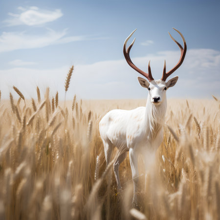 White deer in a wheat field on a background of blue sky.の素材