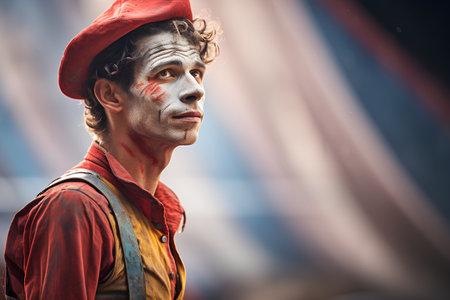 Portrait of a scary clown in a red hat. Halloween.の素材