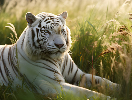 White tiger lying in the grass at sunset. Portrait of a tiger.の素材