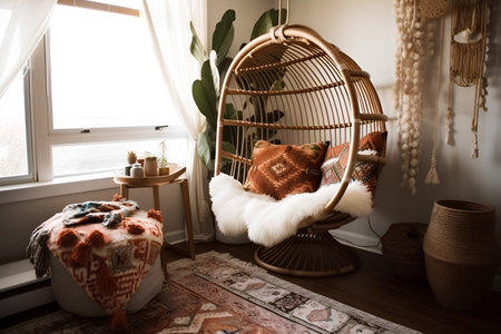 Interior of a living room with rattan chair and cushionsの素材