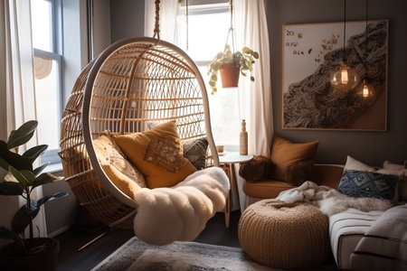 Interior of modern living room with rattan chair and armchairの素材